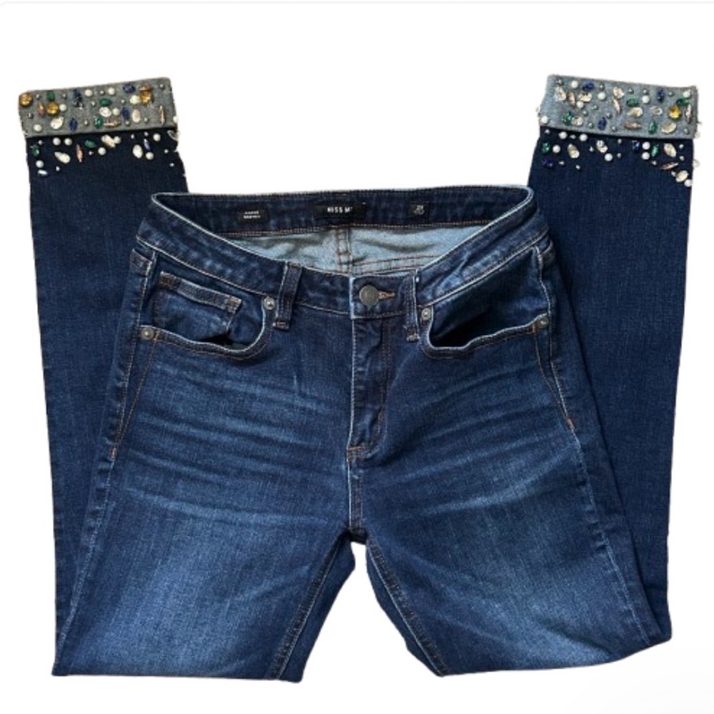 Miss Me Bling It Out Embellished Hem Skinny Ankle Dark Wash Mid Rise Jeans 26